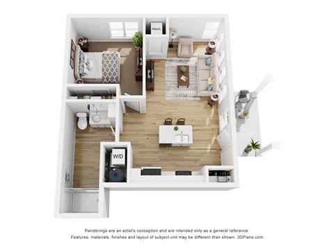 Floor plan for 1 bed, 1 bath, 762 sqft